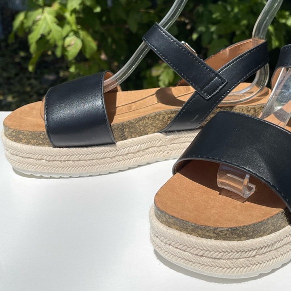 Qupid Cancun Black Rafia Espadrille Cork Wedge Platform Sandal - Picture 5 of 12
